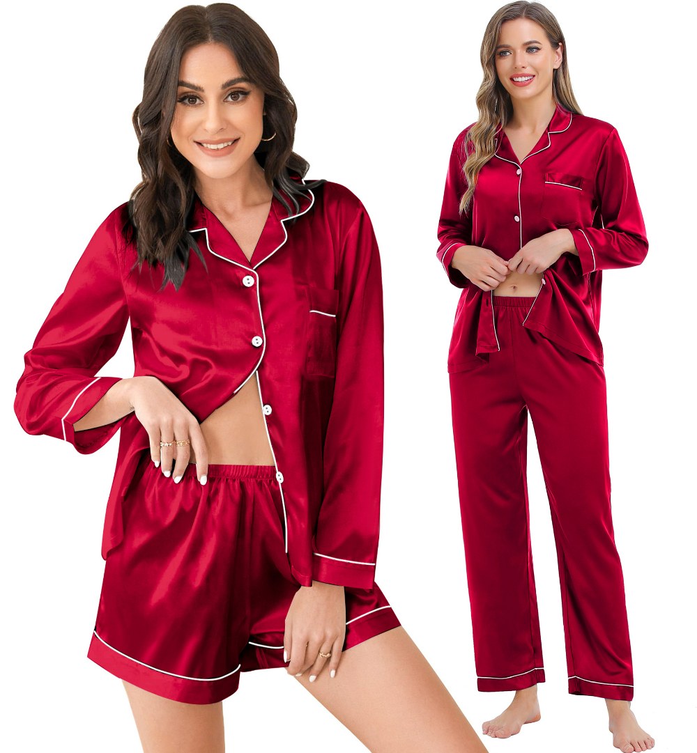 SWOMOG Womens 3pcs Pajamas Set Silk Satin Long Sleeve Sleepwear Button Down Loungewear Pjs Nightwear