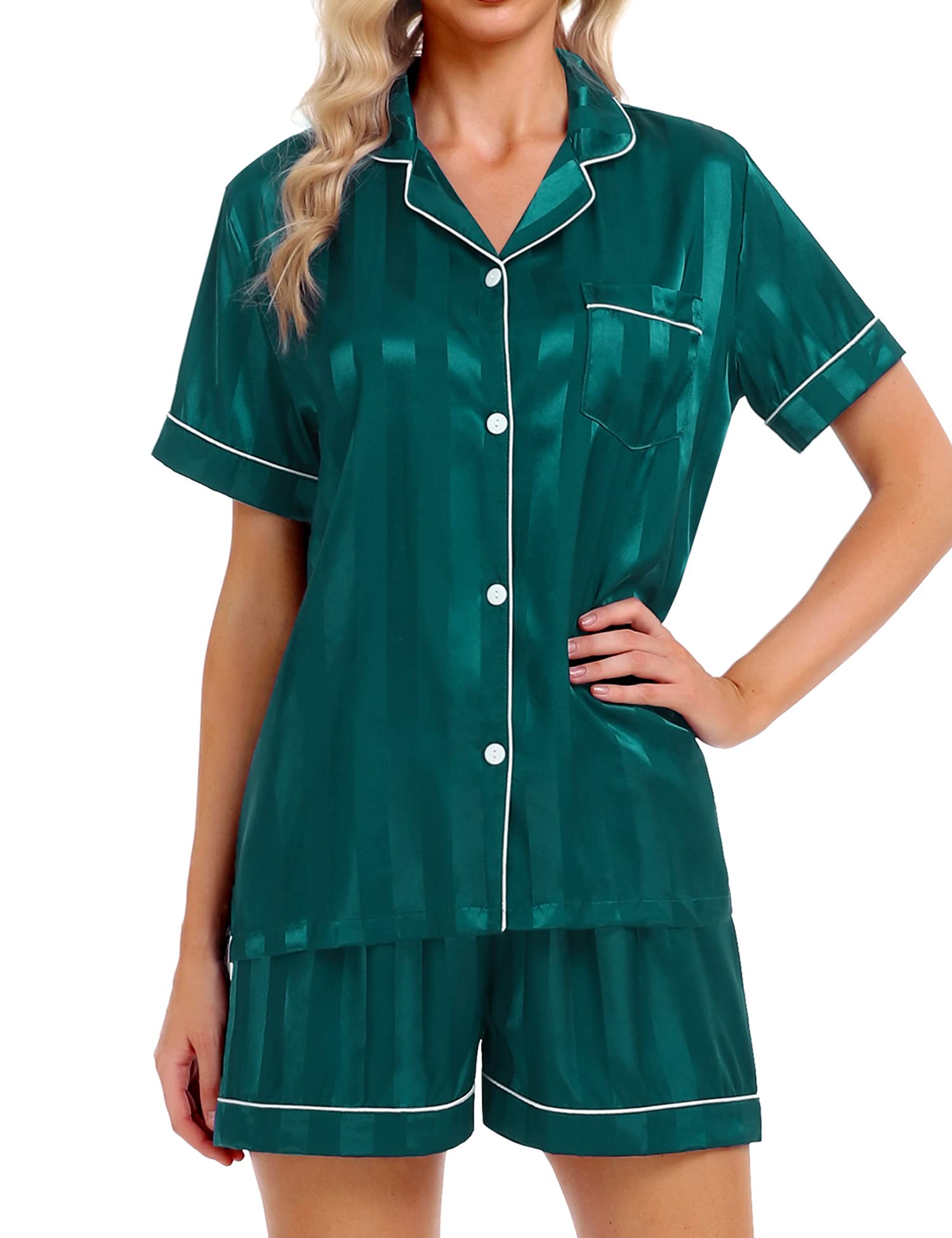 SWOMOG Womens Silky Satin Pajamas Set 2-piece Pjs Set Loungewear Short-Sleeve Nightwear Button Down Sleepwear