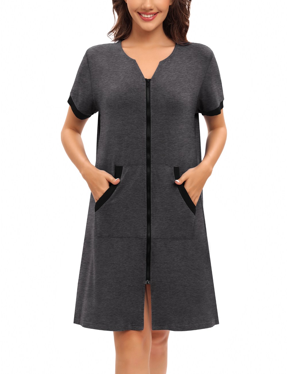 SWOMOG Women Zipper Up Robe Short Sleeves Nightgown Zip Front Housecoat Soft Bathrobe with Pockets