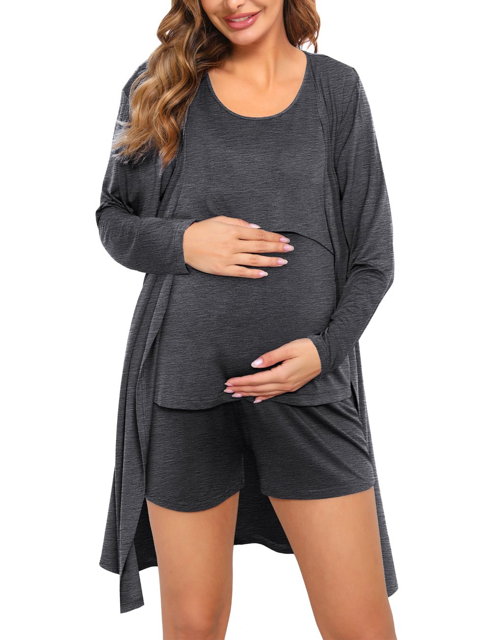 SWOMOG Womens Maternity Nursing Robe Set 3 Piece Pajamas for Breastfeeding 3 in 1 Pregnancy Labor Delivery Hospital Pjs