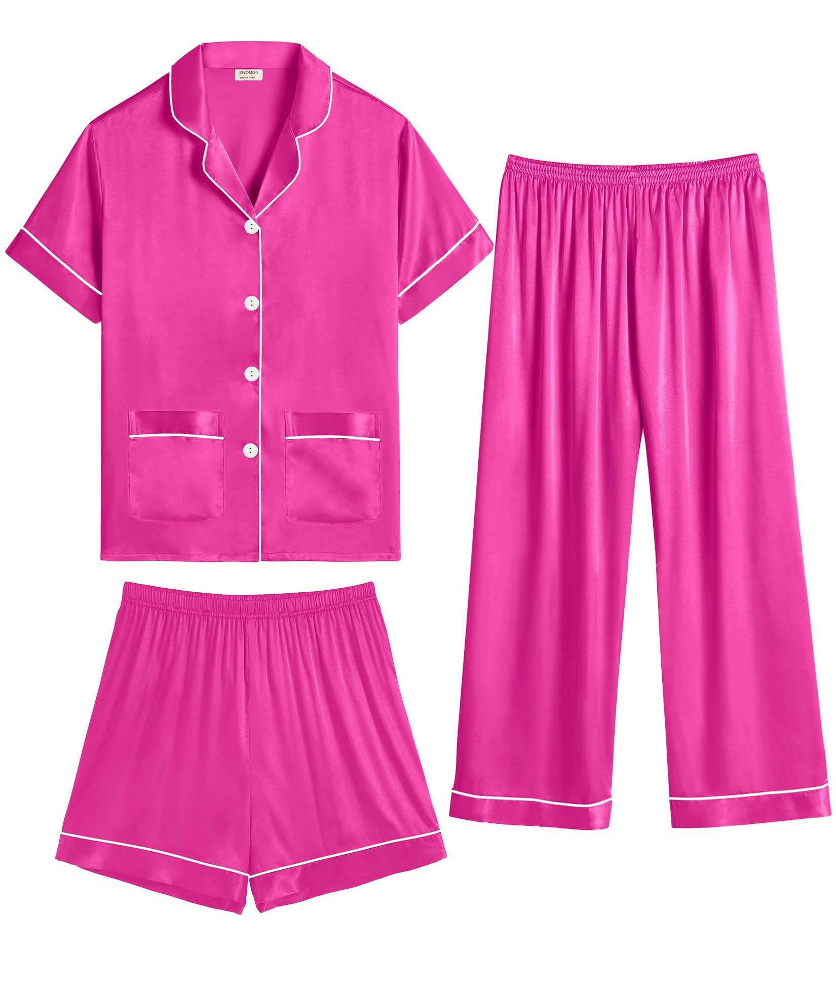 SWOMOG Unisex Satin Pajamas Set 3Pcs Kid Girls Boy Silk Pjs Set with 2 Pockets Short Sleeve Cute Button Down Sleepwear 4T-13T