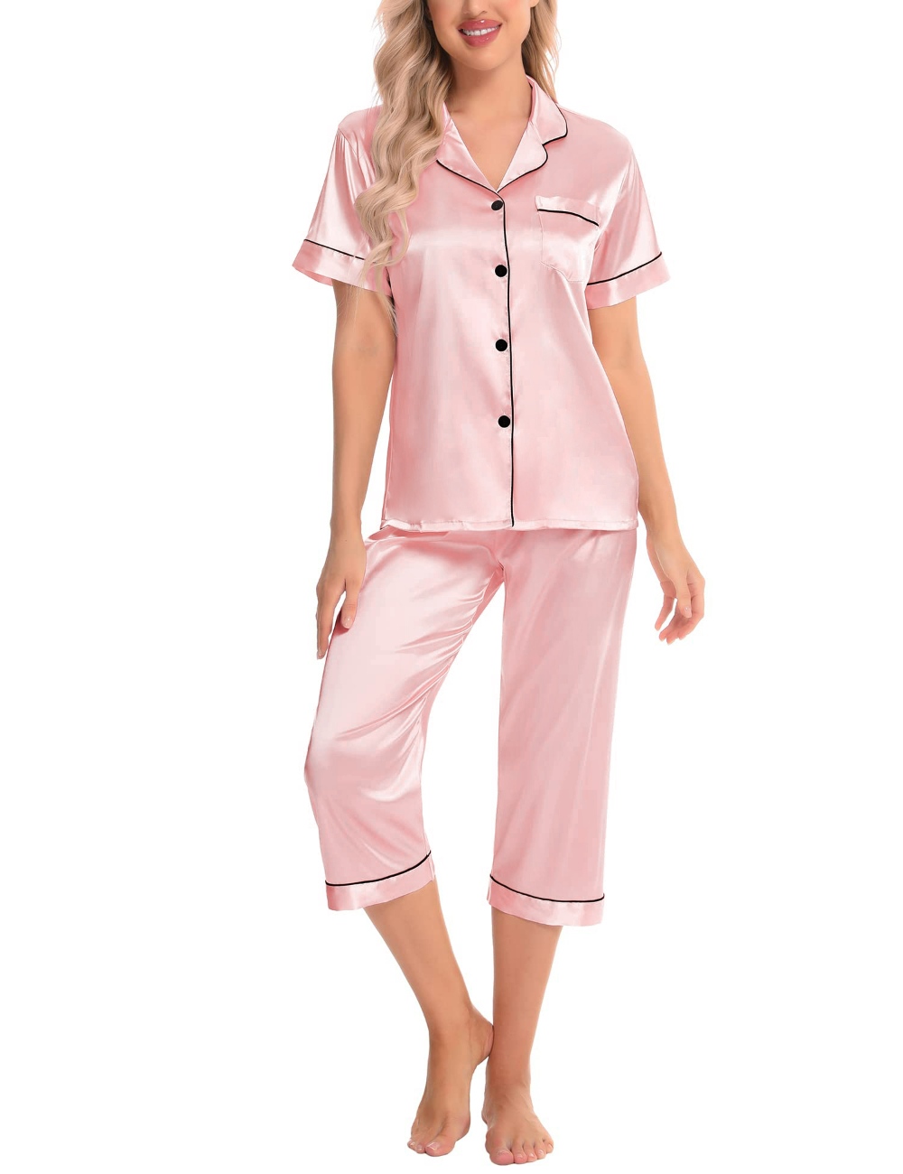 SWOMOG Satin Pajama Set Women Silk Pjs Set Short Sleeve 2 Piece Button Down Sleepwear Lounge Sets