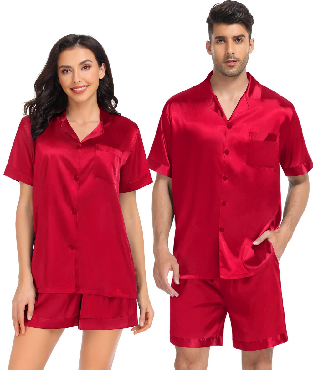 SWOMOG Couple Matching Pajamas Set Satin Short Sleeve Sleepwear Silky Pj Set for Women/Men Button-Down Two-Pieces Nightwear