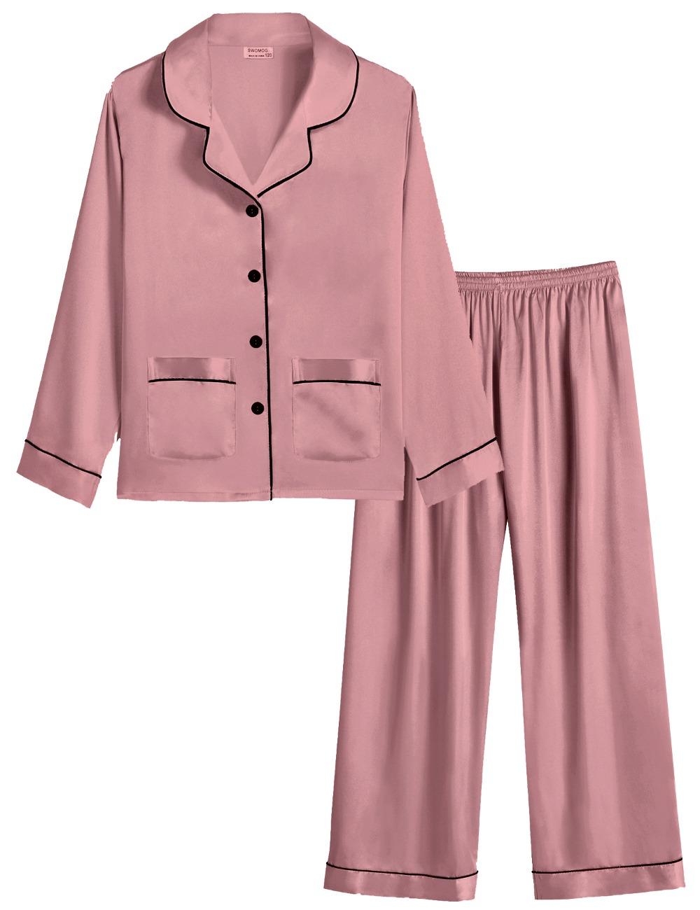 SWOMOG Kid Silk Satin Pajamas Set Girls Boys pj Set with 2 Pockets Long Sleeve Sleepwear Button-up Lounge Sets Nightwear