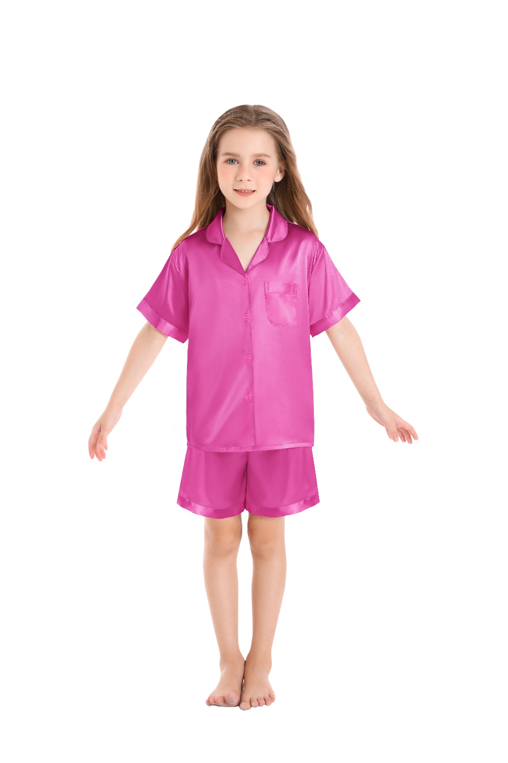 SWOMOG Satin Kid Pajamas for Girls Silk Pjs Set Boys Sleepwear Button-up Lounge Sets Short Sleeve Nightwear with Pockets