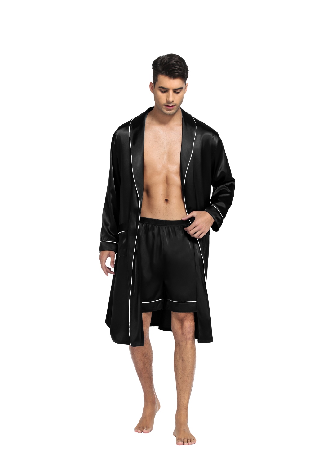 SWOMOG Men's Satin Robe Silky Kimono Bathrobe with Shorts Set Lightweight Soft Loungewear Nightwea