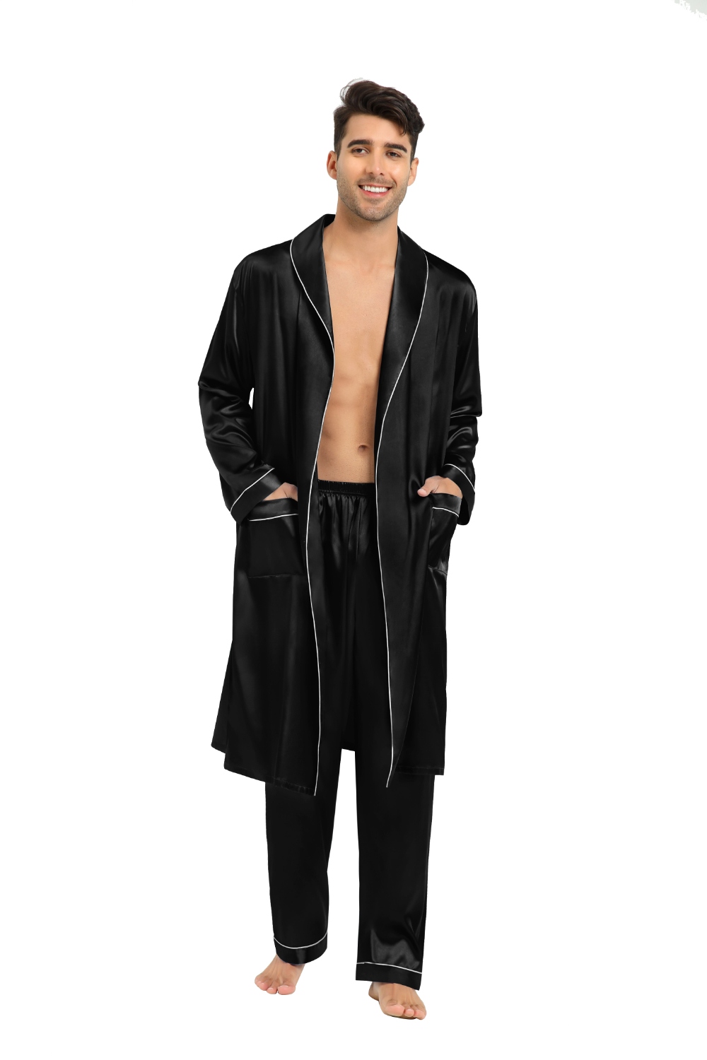 SWOMOG Men's Satin Robe Silky Kimono Bathrobe Set Lightweight Soft Loungewear Nightwear