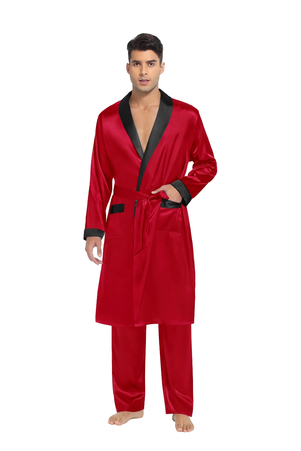 SWOMOG Men's Satin Robe with Pants Set Silky Kimono Bathrobe Lightweight Soft Sleepwear Loungewear