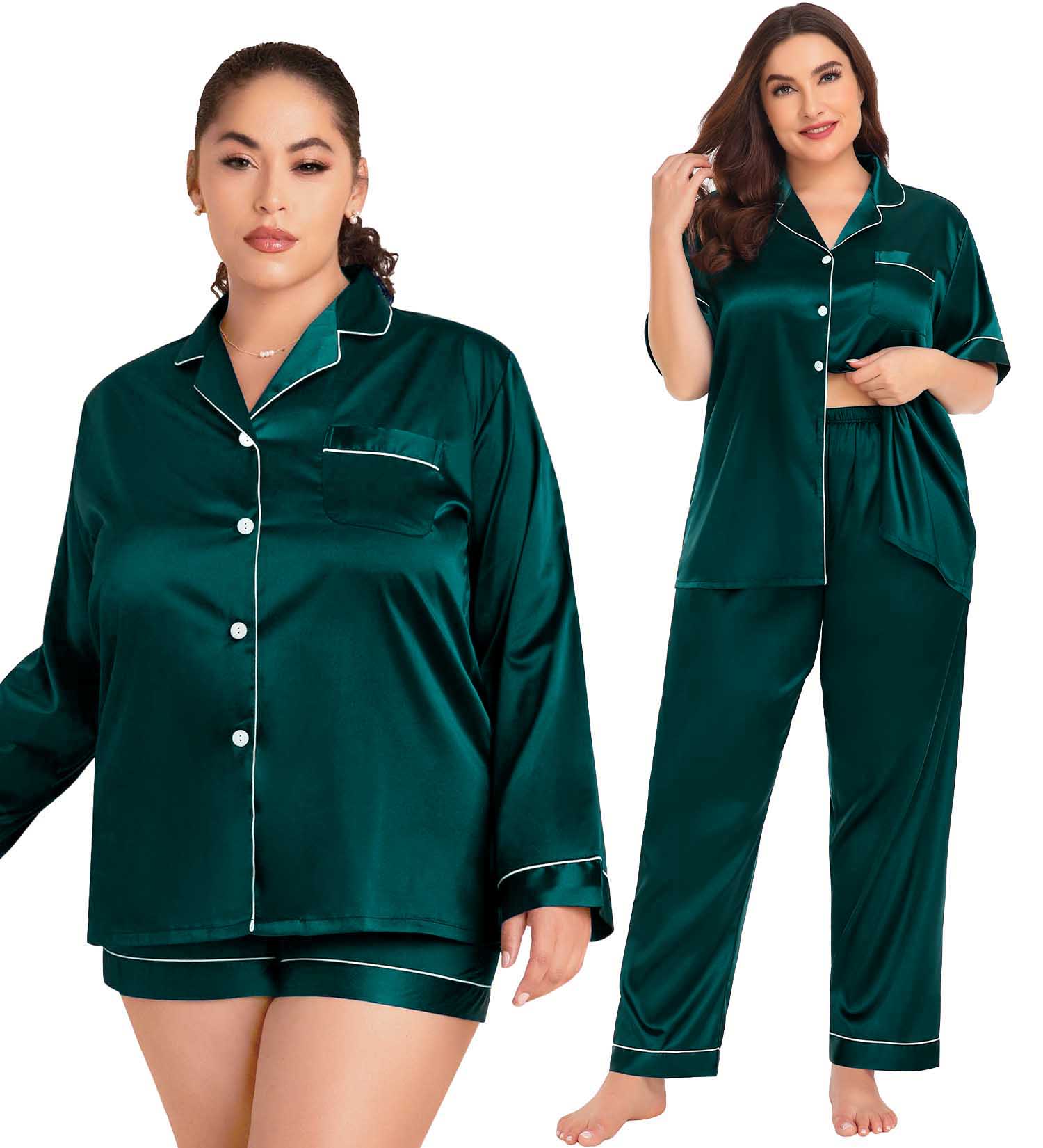 SWOMOG Womens Plus Size Pajama Sets Silk Satin 4 Pcs Pajamas Button Down Loungewear Silky Sleepwear Nightwear 16W-26W