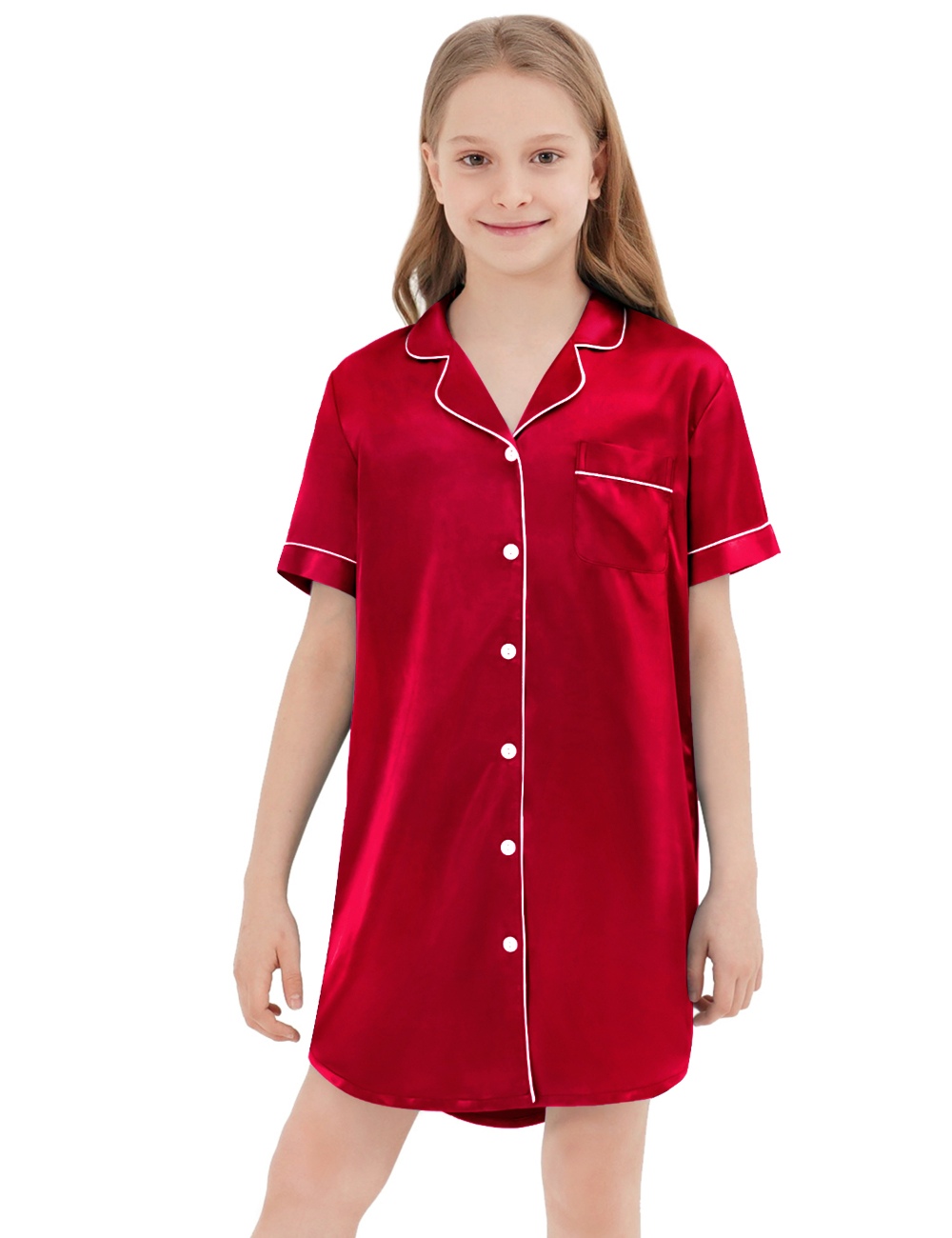 SWOMOG Girls Silk Satin Nightgowns Cute Sleep Dress Button-Down PJS Tops Short Sleeve Sleepshirt