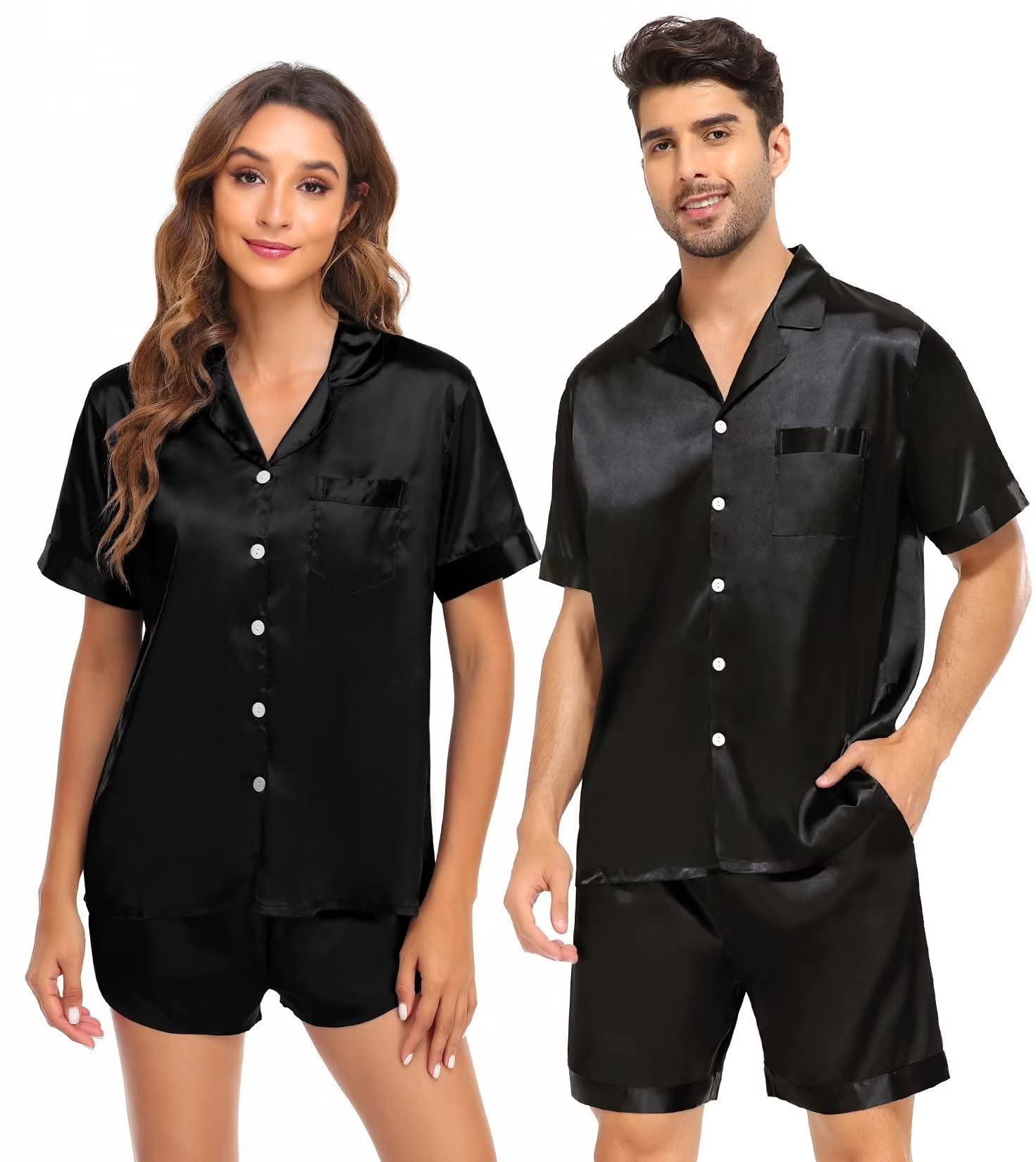 SWOMOG Couple Satin Matching Pajamas Sets Short Sleeve Sleepwear Silk Button Down Nightwear2 Pieces Loungewear with Shorts