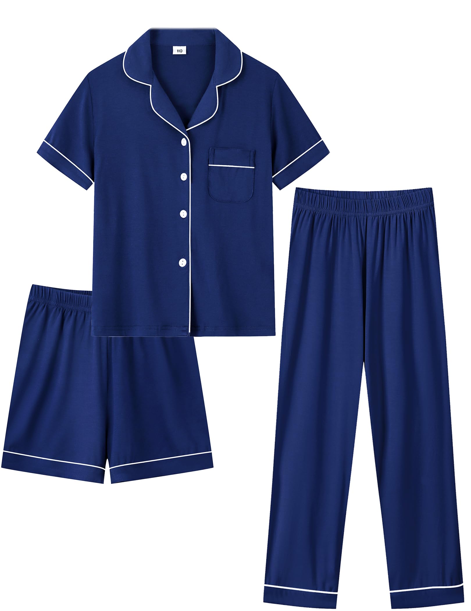 SWOMOG Unisex Kids 3pcs Pajama Set Soft Modal Button Down Sleepwear for Boys Girls Lounge Sets