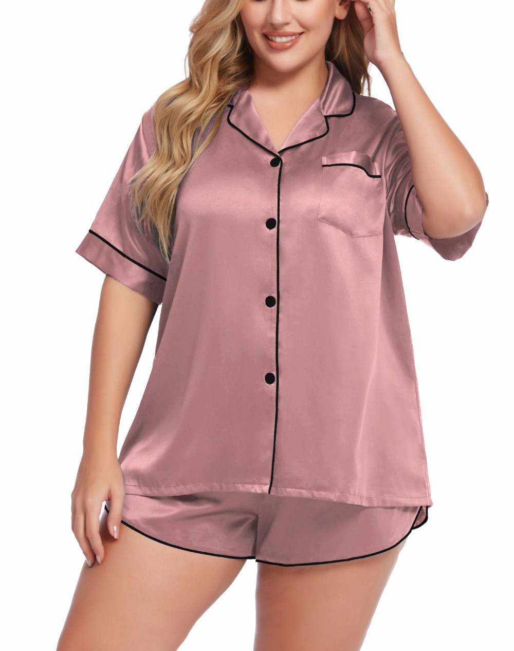 SWOMOG Women's Plus Size Satin Pajama Set Short Sleeve 2 piece Pj Sets Sleepwear Silk Button Down Loungewear Pjs Shorts Set