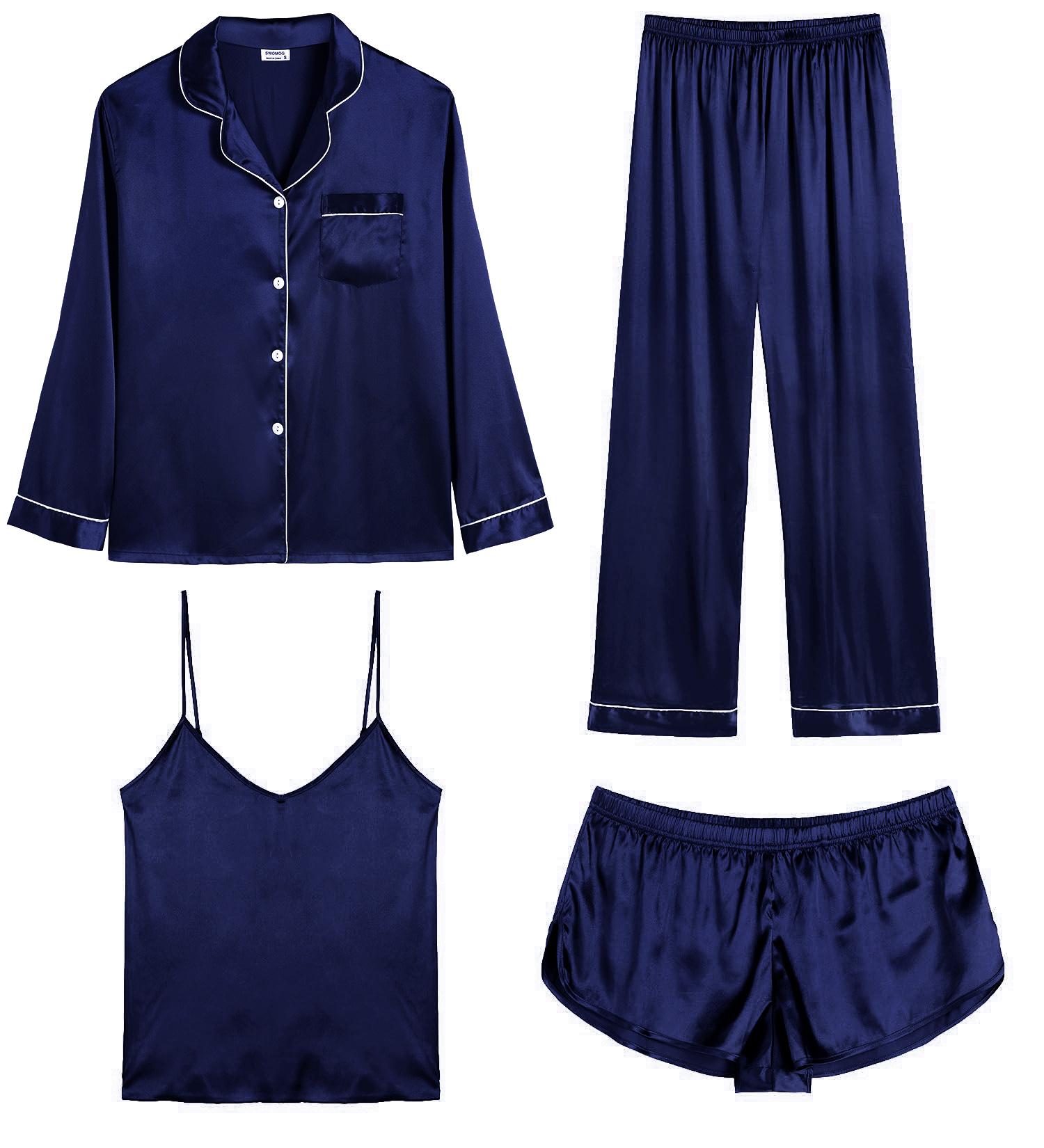 SWOMOG Women Satin Pajamas 4pcs Pajama Set Sexy Cami Shorts Set and Button Down Long Sleeve Pjs Loungewear Sleepwear Deep Navy Blue,X-Large